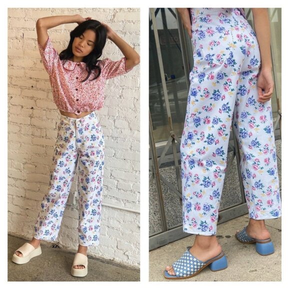 Tach Clothing Kiki Floral Denim Pants Jeans Wide Leg Cropped White Size S - Picture 2 of 11